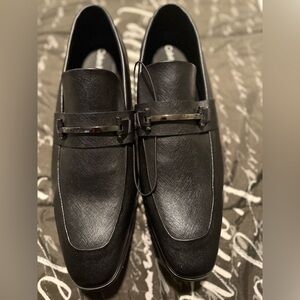 Calvin Klein Men's Black Textured Leather Slip-On Loafers with Silver Bit